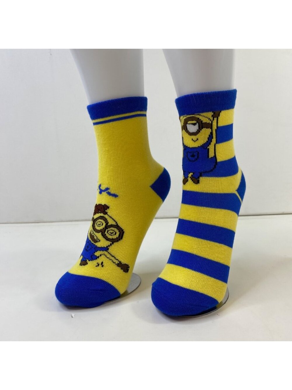 Universal Crew Socks Set 2 Minions Print Yellow Blue Striped Cartoon One Size